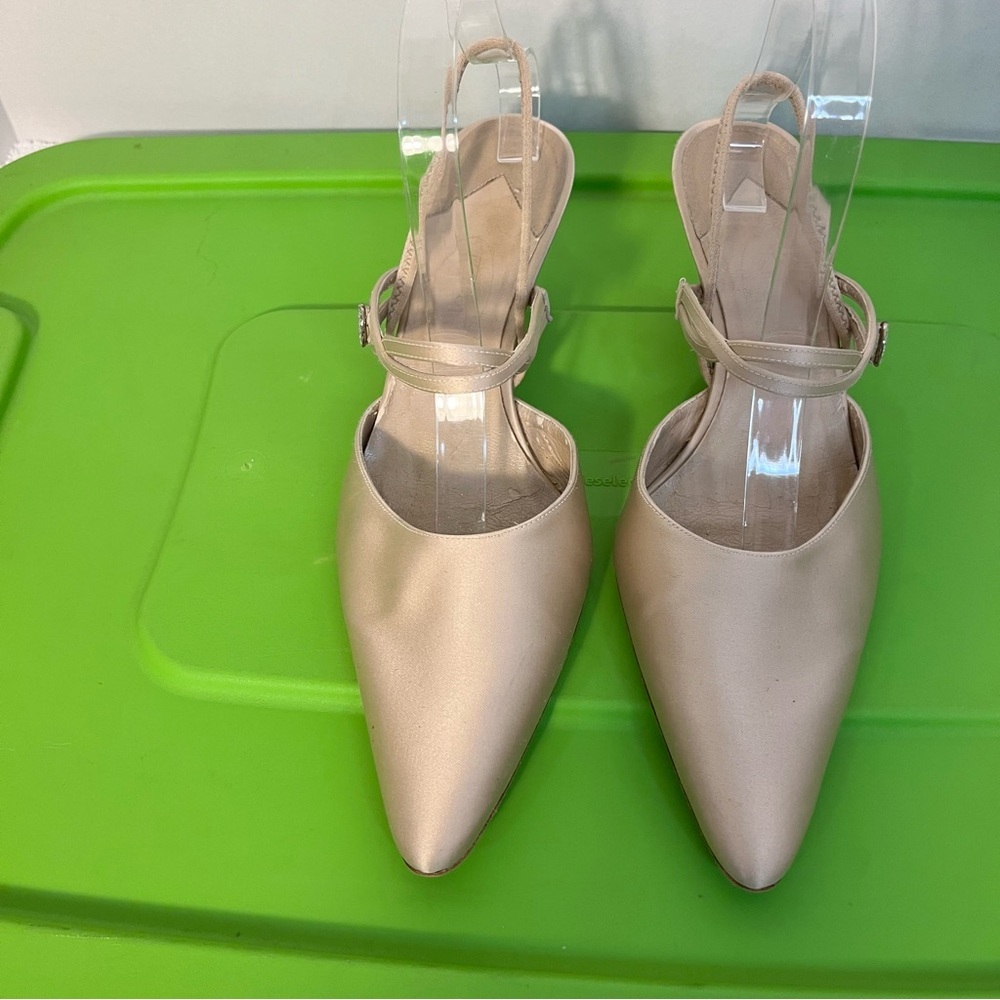 Talbots Vintage Women's Pointed-Toe Tan Satin Kitten Heels Strap Shoes Size 10B